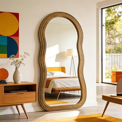 Wavy Full Length Mirror, 71"x33.5" Oversized Aesthetic Floor Mirrors with Triple Layer Solid Wood Frame, Premium Organic Full Body Mirror for Living Room Entryway Cloakroom, Leaning/Hanging