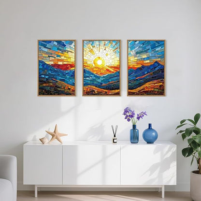 Mountains Framed Canvas Wall Art Set, Modern Abstract Art Painting, Irregular Square Ridge Wall Decor, Sunrise Art Print for Living Room, Bathroom, Bedroom, Office-16 x24 x3
