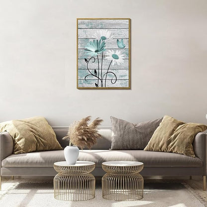 HVEST Farmhouse Teal Floral Framed Wall Art Rustic Daisy Butterfly on Vintage Wood Canvas Wall Art Nature Flower Pictures for Bedroom Living Room Office Decor Framed Artwork, 17L X 12W inches
