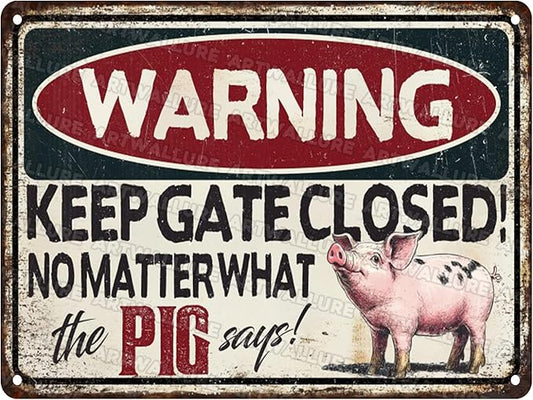 Pig Says Warning Vintage Sign Funny No Trespassing Metal Sign Farmhouse Decoration and Pig Farm Warning Signage for Poultry Owners 12x16inch