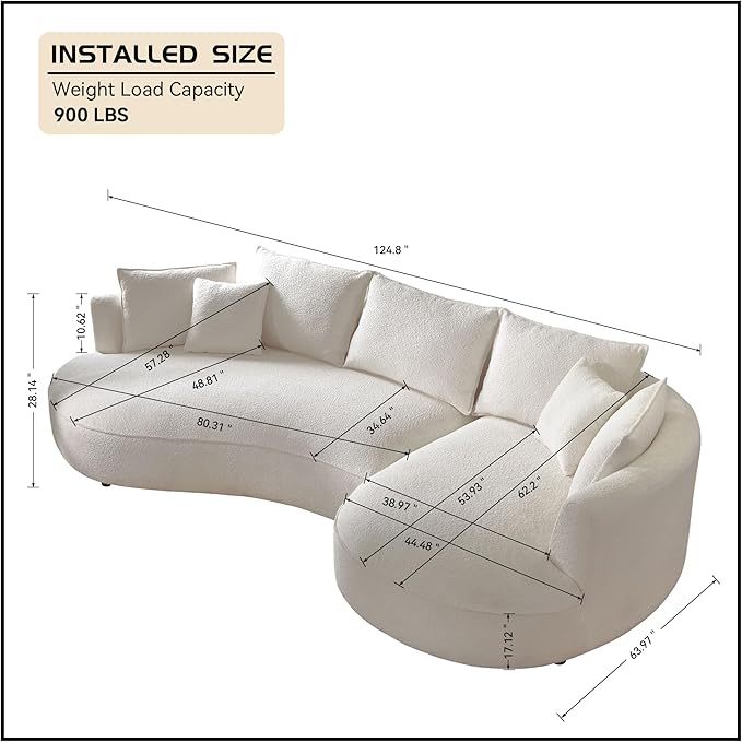 WILLIAMSPACE 124.8" Modern Curved Sofa Couch, Upholstery Boucle Sofa with Pillows, Right Hand Facing Sectional Boucle Fabric Couch for Living Room (Right-Facing,Light Cream)