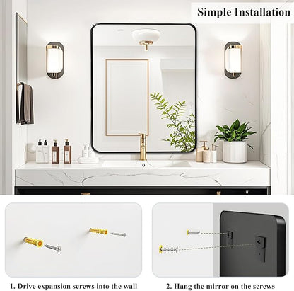 Fabuday Black Bathroom Vanity Mirror - 28x32 Inch Wall Mounted Mirror for Over Sink, Matte Metal Framed Mirrors, Rounded Rectangle Design, Horizontal or Vertical Hanging