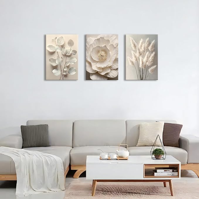 3Pcs Beige Floral Botanical Frame Canvas Wall Art, Neutral Textured Flower Plant Wall Painting Picture Wall Decor Vintage Blossom Posters Prints for Bedroom Living Room Reay to Hang 20"x28"x3Pcs