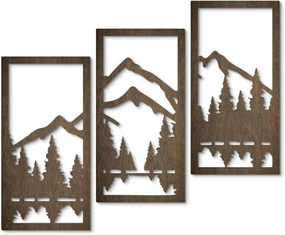 Putuo Decor 3-Piece Mountain Forest Wood Wall Art Set, Natural Wall Art Decor, Minimalist Wall Sculpture for Cabin Bedroom Entryway Living Room