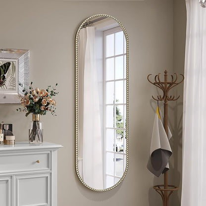 Champagne Bronze Bathroom Mirror with Beaded, 16"x48" Oval Full Length Mirror for Wall Decorated, Gold Vintage Bead Mirrors with Brass Frame for Bedroom,Living Room,Hallway,Fireplace