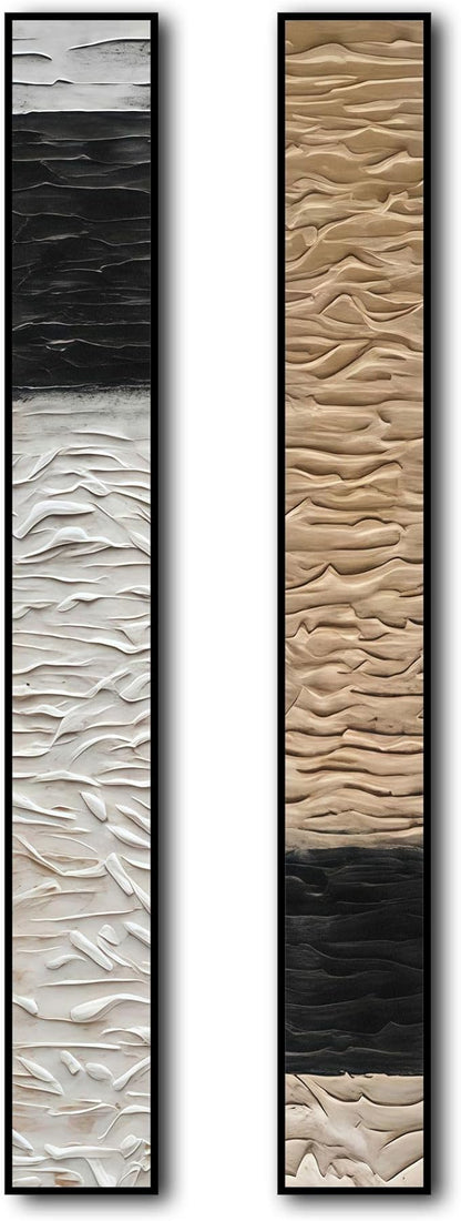 Large Framed Long Narrow Vertical Abstract Wall Art Set of 2, Premium Crystal Porcelain Canvas Prints, Neutral Abstract Modern Design - Perfect for Entryway, Hallway, Living Room, Bedroom - 63x10 inch