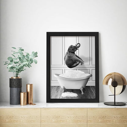 calmart Funny Elephant Bathroom Wall Art - Washing Elephant In Bathtub Pictures for Wall Farmhouse Animal Paintings Please Seat Yourself Sign Framed Artwork Rustic Canvas Print Decor