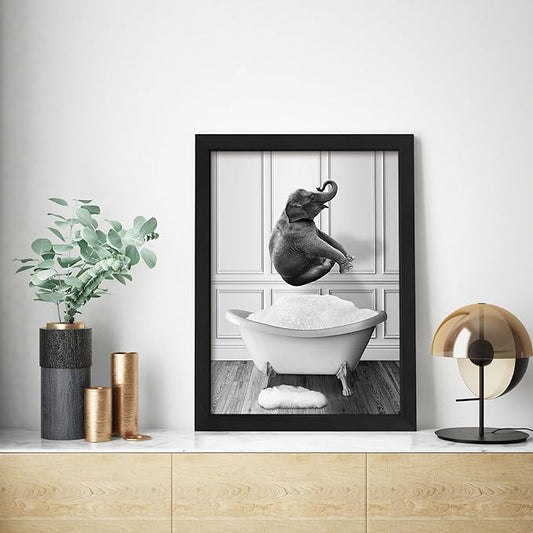 calmart Funny Elephant Bathroom Wall Art - Washing Elephant In Bathtub Pictures for Wall Farmhouse Animal Paintings Please Seat Yourself Sign Framed Artwork Rustic Canvas Print Decor