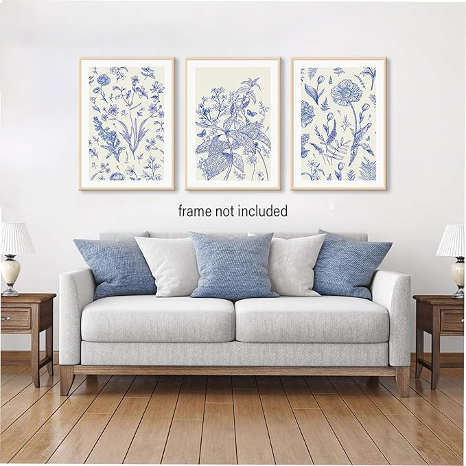 LYPHNX Blue White Chinoiserie Floral Poster Wall Art Navy Watercolor Flower Canva Painting Set of 3 Minimalist Botanical Wildflower Prints Picture Home Decor for Bedroom Living room 12"x16" UnFramed