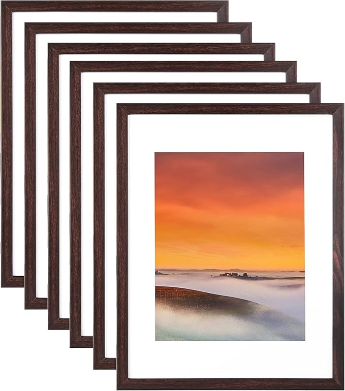 11x14 Picture Frame Set of 6, Display Pictures 8x10 with Mat or 11x14 Without Mat for Wall Tabletop Vertical Horizontal Display, Wall Gallery Photo Frames, Brown