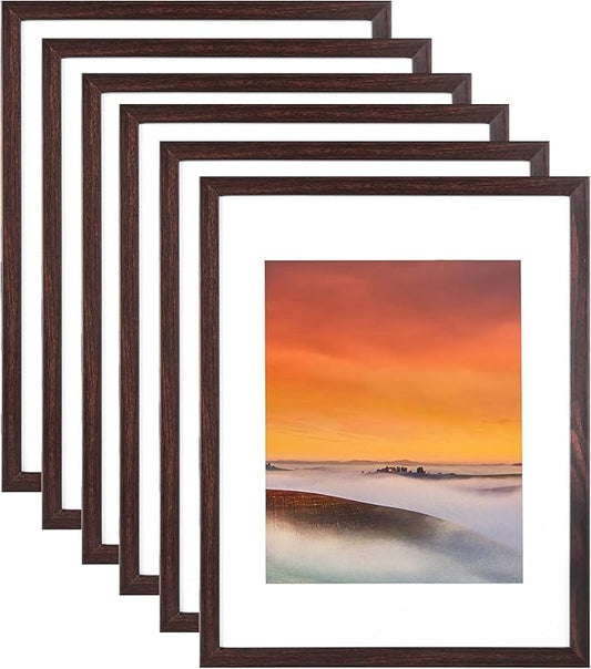 11x14 Picture Frame Set of 6, Display Pictures 8x10 with Mat or 11x14 Without Mat for Wall Tabletop Vertical Horizontal Display, Wall Gallery Photo Frames, Brown
