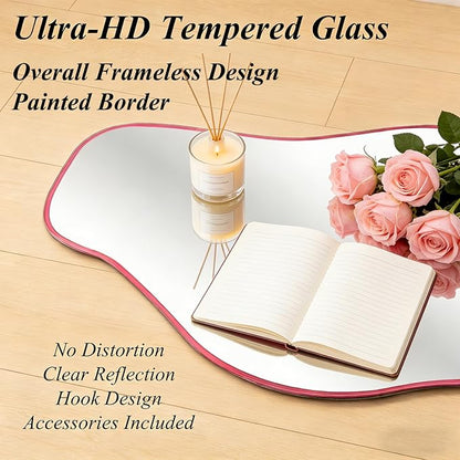 Irregular Mirror Full Length, 67"x31" Asymmetrical Tempered Glass Wall Mirror, Large Pink Organic Frameless Mirrors for Living Room Bedroom Hallway Entryway, Horizontal or Vertical Hanging