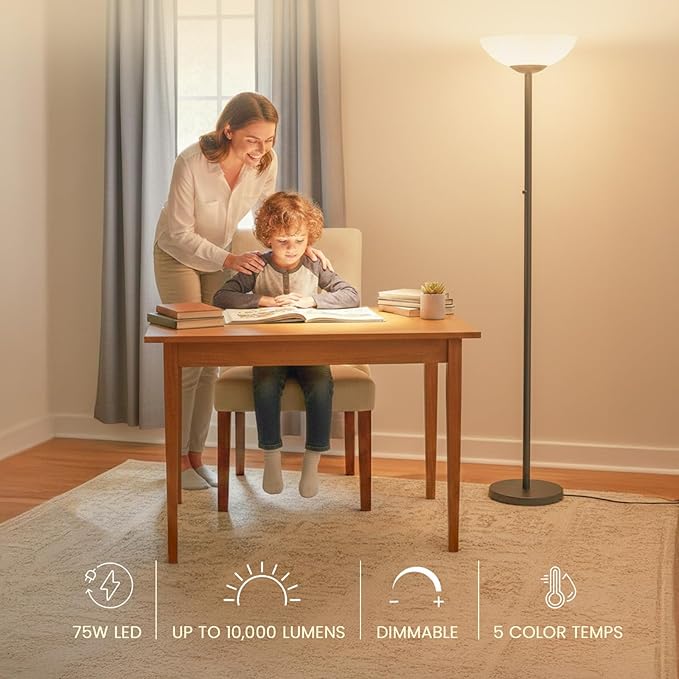 Modern Floor Superlamp 10000 Lumen - LED 75W, Dimmable 5 Changing Color, 85 CRI All Around Light, Tall Corner Standing Lamp with Cement Base and Acrylic Shade, Glare Free UpLight Kit Ready - Gold