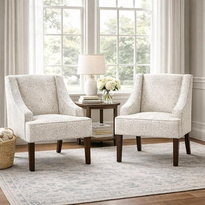 Homepop Home Decor | Upholstered Classic Swoop Arm Accent Chair | Accent Chairs for Living Room & Bedroom | Decorative Home Furniture, Cream and Gray Vintage Stencil
