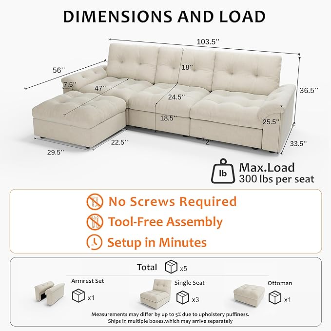 Oversized Modular Sectional Sofa with Storage, Modern Deep Seat Cloud Couch for Living Room, L-Shaped Large Sectional Couch, 3 Seater with Ottoman, Beige
