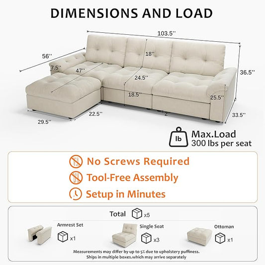 Oversized Modular Sectional Sofa with Storage, Modern Deep Seat Cloud Couch for Living Room, L-Shaped Large Sectional Couch, 3 Seater with Ottoman, Beige