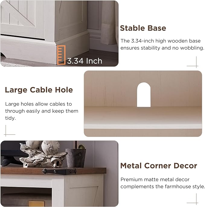 OKD Fireplace TV Stand for 65+ Inch TV, 33" Tall Highboy Farmhouse Entertainment Center w/ 23'' Electric Fireplace, Rustic Media Console w/Sliding Barn Door for Living Room, Antique White
