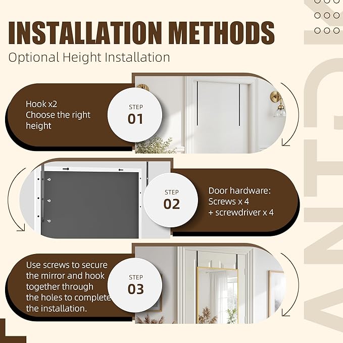 Antok Over The Door Mirror Full Length, 49'' x 14''Wall Mounted Hanging Mirror, Aluminum Alloy Frame, Shatterproof Glass, No Drill Installation for Bedroom, Closet, Bathroom, Dorm, Rect Corner,White