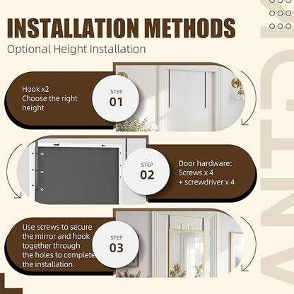 Antok Over The Door Mirror Full Length, 49'' x 14''Wall Mounted Hanging Mirror, Aluminum Alloy Frame, Shatterproof Glass, No Drill Installation for Bedroom, Closet, Bathroom, Dorm, Rect Corner,White
