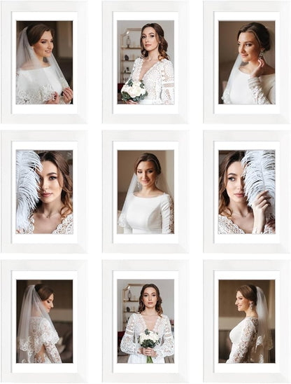 4x6 Picture Frame Set of 9, Display Pictures 3.5x5 with Mat or 4x6 without Mat, Multi Collage Gallery Square Photo Frames for Wall or Tabletop, White