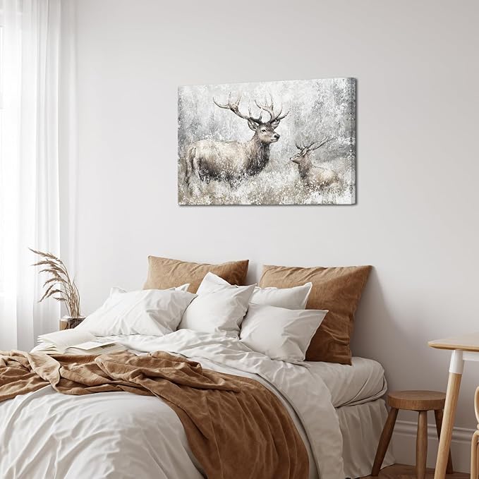 LevvArts Deer Canvas Wall Art Vintage Elk Painting Prints Rustic Farmhouse Kitchen Decor Wildlife Artwork Framed Ready to Hang (Large)