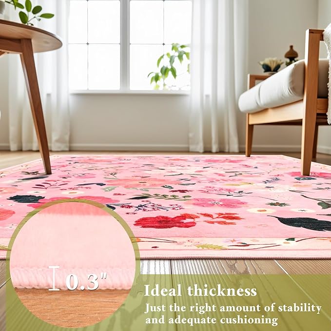 Macgace Pink Floral Runner Rug, 2x8 Flowers Printed Washable Rugs with Non Slip Backing for Girls Bedroom Kitchen Hallway, Cute Carpet Runners Home Aesthetic Decor