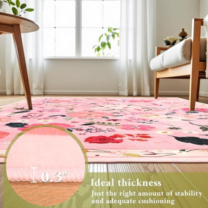 Macgace Pink Floral Rug for Girls Bedroom, 4x6 Machine Washable Area Rugs with Non Slip Backingfor Living Room, Cute Flowers Carpet Kitchen Dining Room Kids Playroom Decor