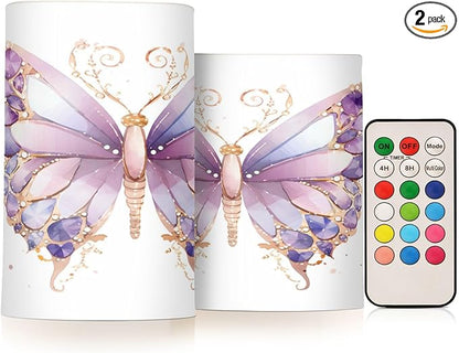 ALAZA Purple Butterflies Flickering Flameless Candles Battery Operated with Remote Timer,Tea Light Candles LED Pillar Votive Candles Set of 2 for Outdoor Indoor Decorations