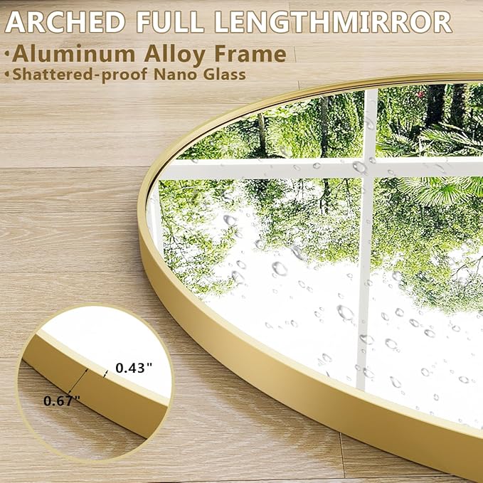 Easly 71"x30" Extra Large Arched Full Length Mirror - Leaning Mirror Arch Wall-Mounted Mirrors - Aluminum Alloy Frame Modern Simple Home Decor - for Living Room Bedroom Cloakroom, Gold