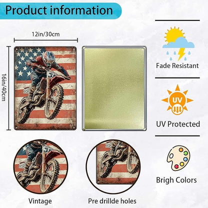 Dirt Bike Racing Motocross Racing American Flag Metal Signs Racing Motocross Tin Poster Wall Decor Home Office Garage Man Cave Bar Club Boy Room Decor 12x16 Inch
