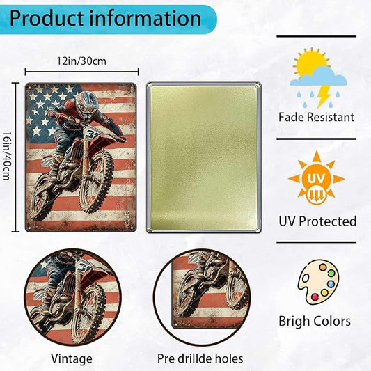 Dirt Bike Racing Motocross Racing American Flag Metal Signs Racing Motocross Tin Poster Wall Decor Home Office Garage Man Cave Bar Club Boy Room Decor 12x16 Inch