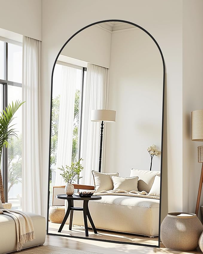 46"×86" Arched Full Length Floor Mirror, Standing Mirror with Aluminum Frame, Large Body Mirror of Free Standing/Wall Mount/Leaning for Bedroom, Living Room, Dressing Room, Black