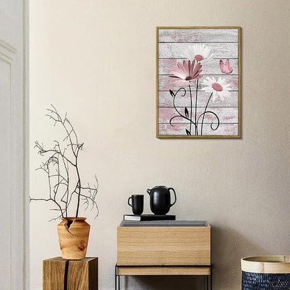 HVEST Farmhouse Floral Pink Wall Art for Bathroom, Rustic Daisy Butterfly on Grey Wood Canvas Wall Art Nature Flower Pictures for Bedroom Living Room Office Wall Decor Framed Artwork, 17L X 12W inches