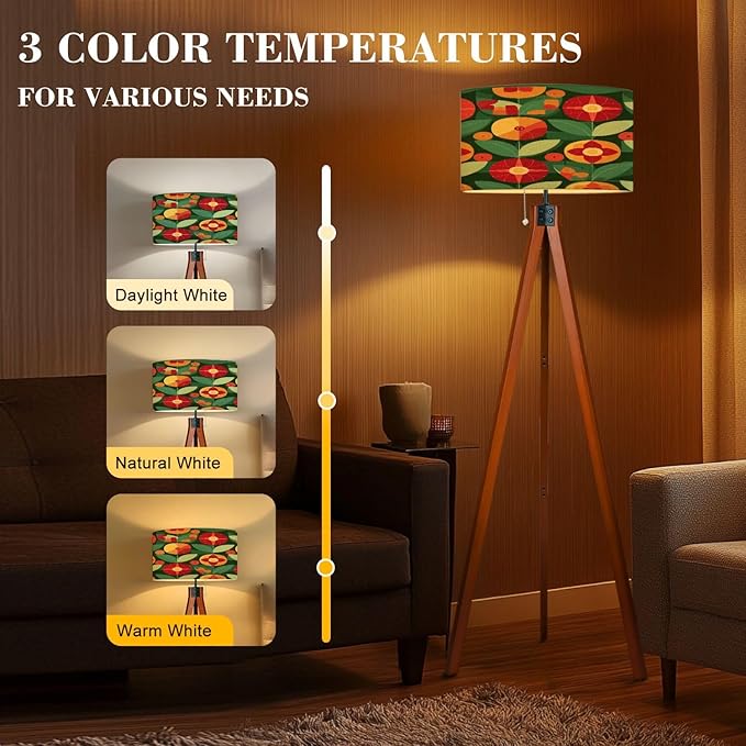 Wood Tripod Floor Lamp Flowers leaves nature Abstract geometric seamless Decorative ornament Mid Century Standing Lamp Linen Shade Dimmable Modern Tall lamp Home Decor for Living Room Bedroom Office