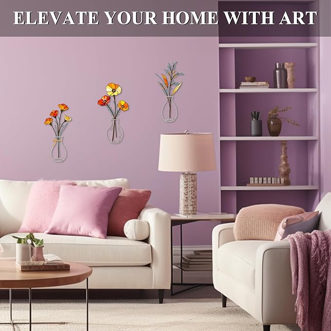 Fanjashn 3 Pcs Metal Flowers Wall Decor, Minimalist Floral Wall Art Decor for Bathroom, Living Room, Bedroom, Kitchen and Dining Room
