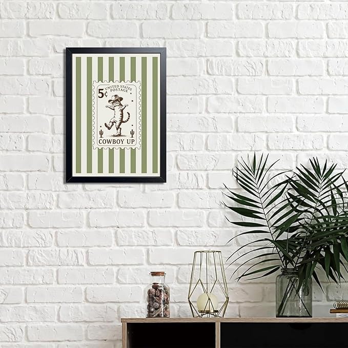 Framed Vintage Cowboy Cat Wall Art, Funny Western Cat Canvas Print Poster, Boho Ranch Animal Painting Picture, Rustic Farmhouse Nursery Wall Decor for Living Room Bedroom Kids Room 16x24Inch
