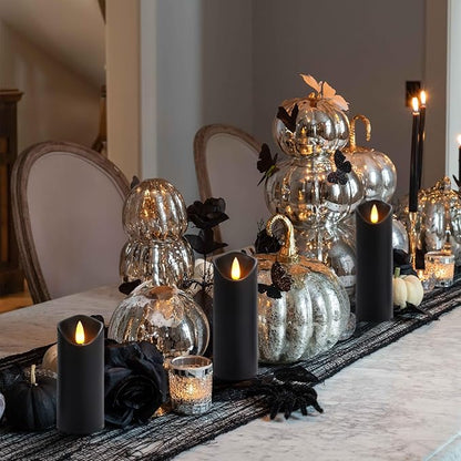 Homemory Black Flameless Candles, Halloween Candles, Battery Operated Candles, LED Pillar Candles with Remote Control and Timers, Set of 9