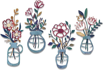 4PCS Metal Flowers Wall Arts Rustic Farmhouse Decor Minimalist Flower Wall Decors Metal Floral Wall Art for Living Room Bathroom Bedroom Dining Room (Multicolored)