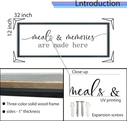 FZMHASLWW Meals and Memories Are Made Here Wall Decor Sign 32"x12" for Dining Room Kitchen Large Wooden Framed Hanging Art (Black)