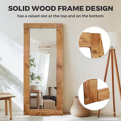 Full Length Mirror 65"x24" – Solid Wood Frame, HD Tempered Glass, Wall Mounted & Leaning, Rustic Modern Decor for Bedroom, Living Room, Entryway, Light Brown