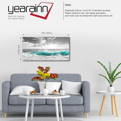 yearainn Large Ocean Canvas Wall Art for Living Room Wall Decor Teal Sea Wave Canvas Prints Artwork Seagull Birds Canvas Pictures for Bedroom Home Office Wall Decorations Ready to Hang 20" X 40"