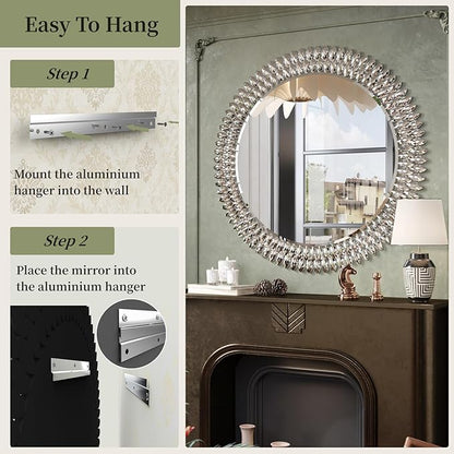 Kelly Miller 36" Large Round Jeweled Wall Mirror, Luxury Diamond Beveled Decorative Mirror for Bedroom Living Room Bathroom Hallway Entryway Fireplace