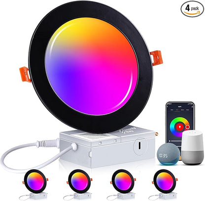 CLOUDY BAY [4 Pack] 6inch Smart WiFi LED Recessed Lights,RGBCW Color Changing Recessed Lighting,Compatible with Alexa and Google Home Assistant,No Hub Required,15W 2700K-6500K,CRI90+,Black