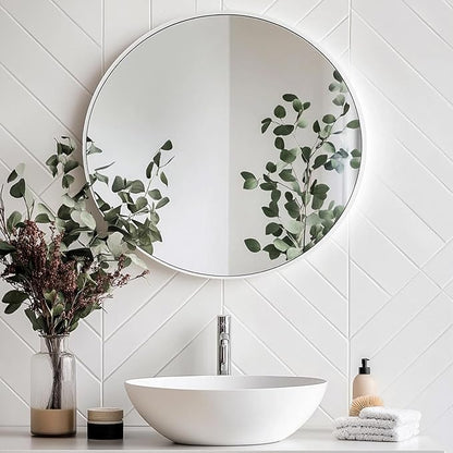Oruii White Round Mirror, White Round Mirror 24 inch, Circle Wall Mirrors Metal Frame, Circular Mirrors for Bathroom, Wall, Living Room, Entryway, Hallway, Vanity, Rustic