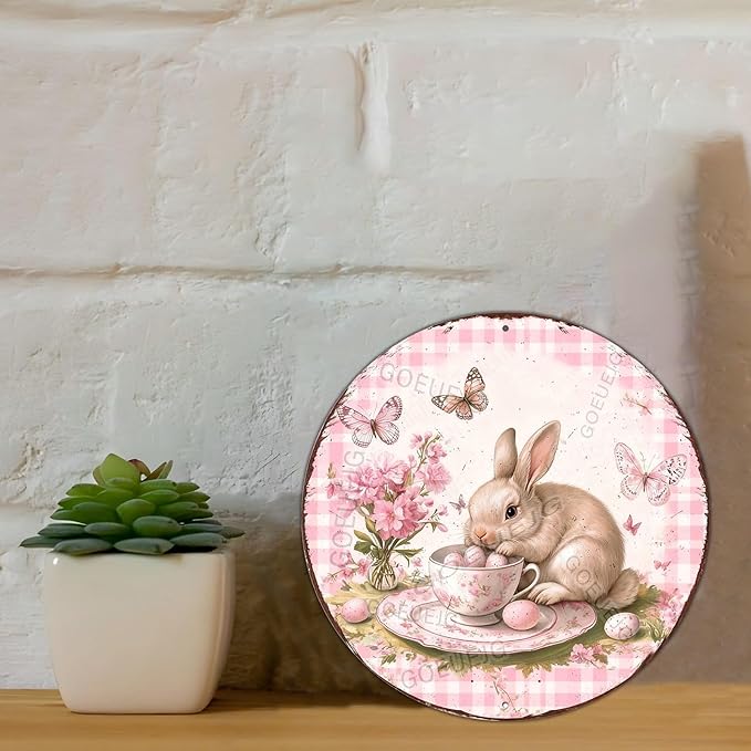 Easter Bunny in a Tea Cup Wreath Metal Sign Rustic Farmhouse Design Floral Spring Decor For Front Door Wall Art 8X8Inch