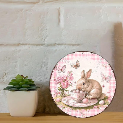 Easter Bunny in a Tea Cup Wreath Metal Sign Rustic Farmhouse Design Floral Spring Decor For Front Door Wall Art 8X8Inch