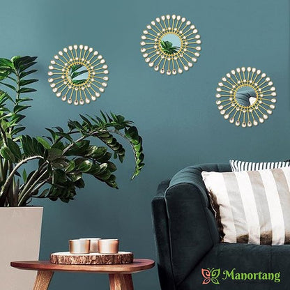 Gold Mirrors - Sunburst Valentine Wall Art, Decorative Round Mirrors for Valentine Bedroom, Living Room, Bathroom, Kitchen, Entryway, Hallway - Set of 3