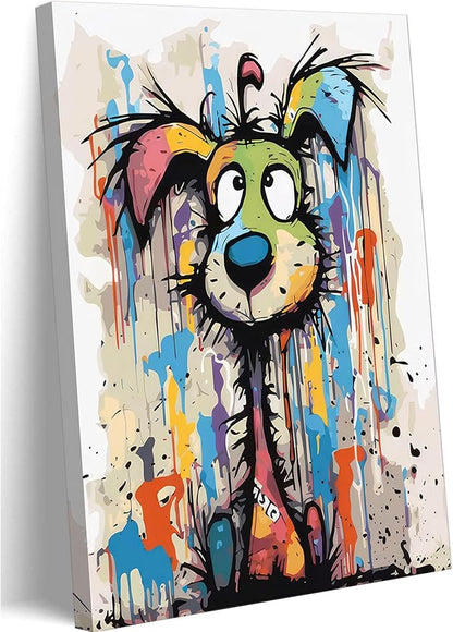Colorful Graffiti Cartoon Dog Canvas Wall Art Abstract Doodle Animals Wall Decor Picture Vibrant Playful and Fun Cartoon Style Puppy Poster Printing for Living Room Bedroom Artwork Home Decoration