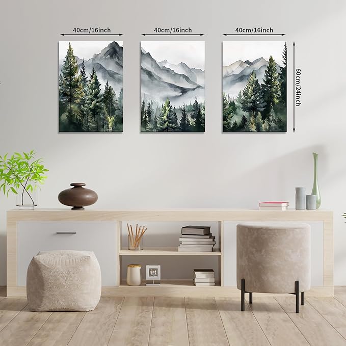 WANGTIAO 3 Panels Framed Canvas Wall Art for Living Room, Abstract Mountain Forest Views Ink Wall Decor for Dedroom Office Wall Paintings Green Landscape Art Prints Pictures Ready to Hang 12"x16"x3