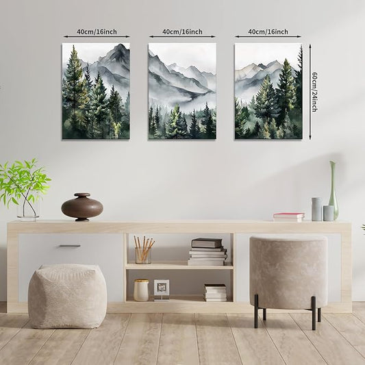 WANGTIAO 3 Panels Framed Canvas Wall Art for Living Room, Abstract Mountain Forest Views Ink Wall Decor for Dedroom Office Wall Paintings Green Landscape Art Prints Pictures Ready to Hang 12"x16"x3
